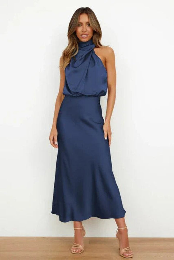 Women's Sleeveless Halter-Neck Satin Midi Cocktail Party Dress - Blue