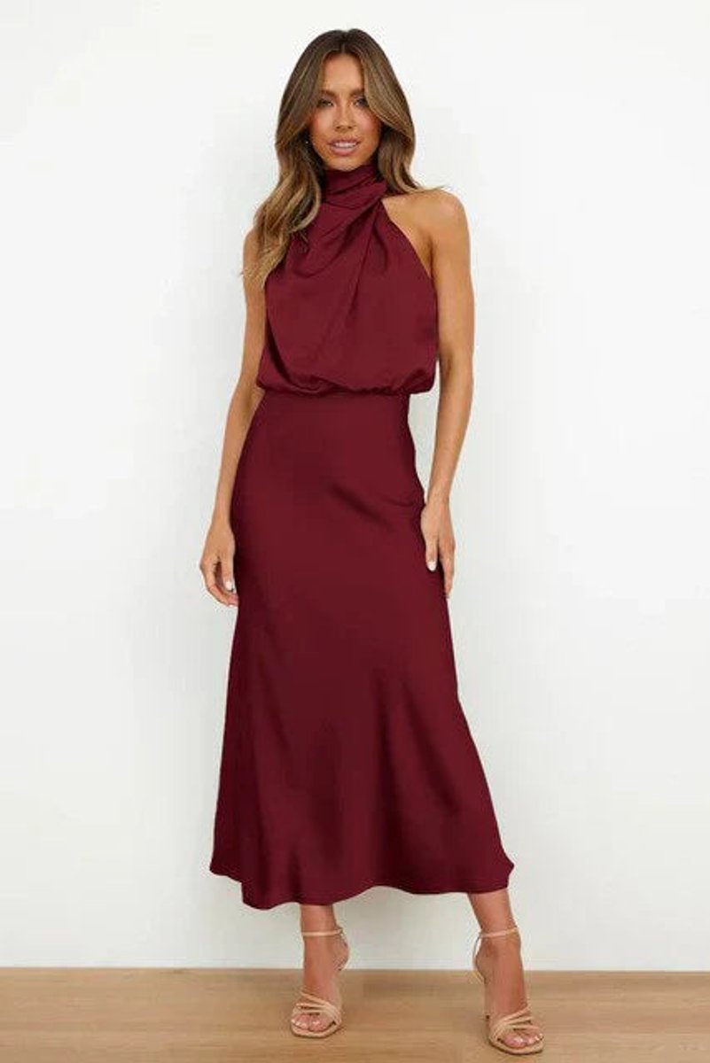 Women's Sleeveless Halter-Neck Satin Midi Cocktail Party Dress - Red