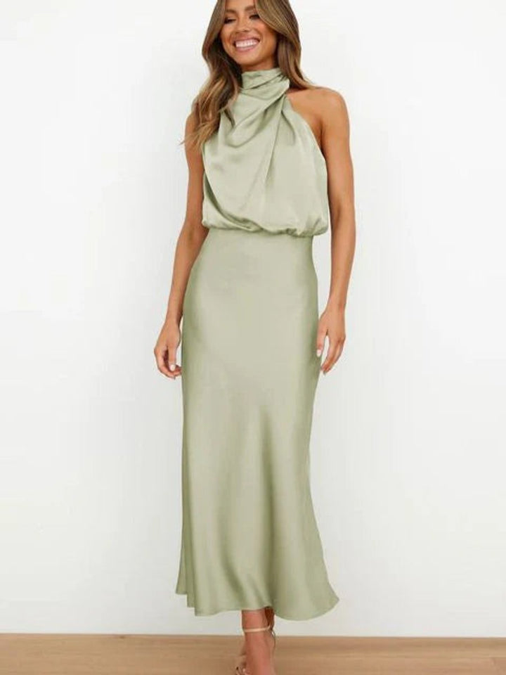 Women's Sleeveless Halter-Neck Satin Midi Cocktail Party Dress - Army Green