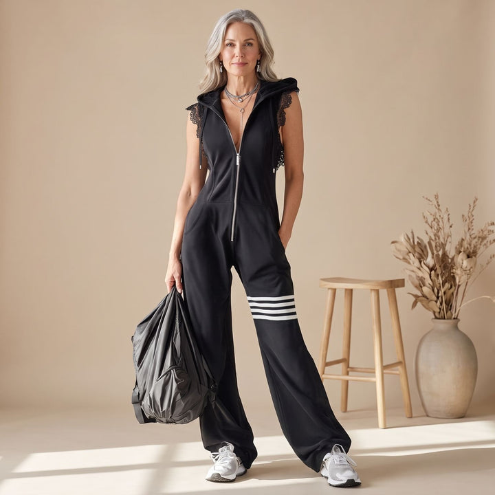 Women's Sleeveless Hooded Zip-Up Retro Stripe Jumpsuit - Black