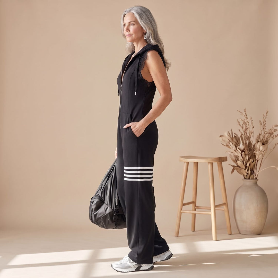 Women's Sleeveless Hooded Zip-Up Retro Stripe Jumpsuit