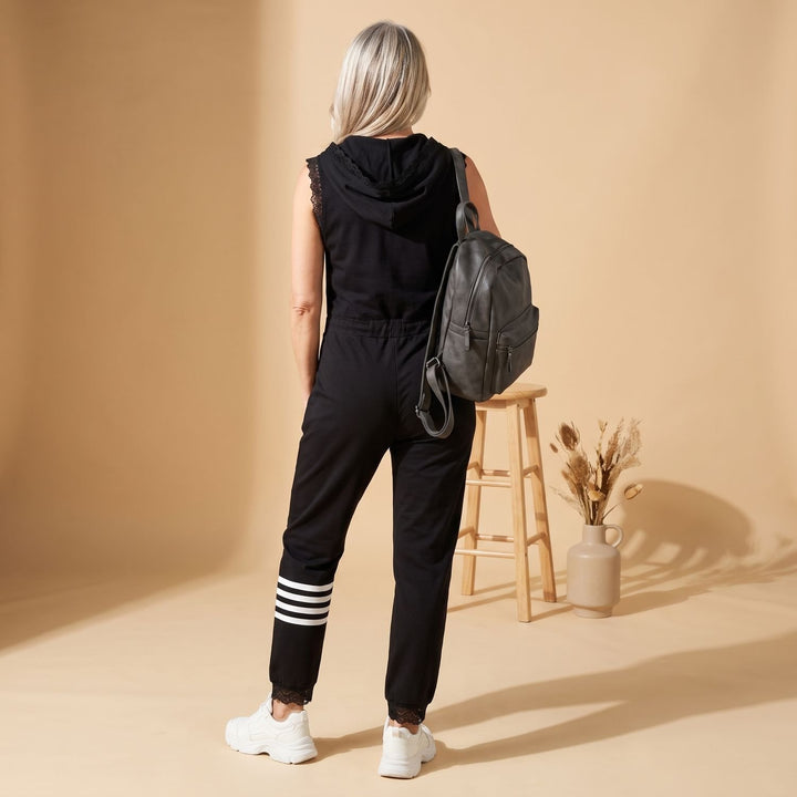 Women's Sleeveless Hooded Zip-Up Retro Stripe Jumpsuit