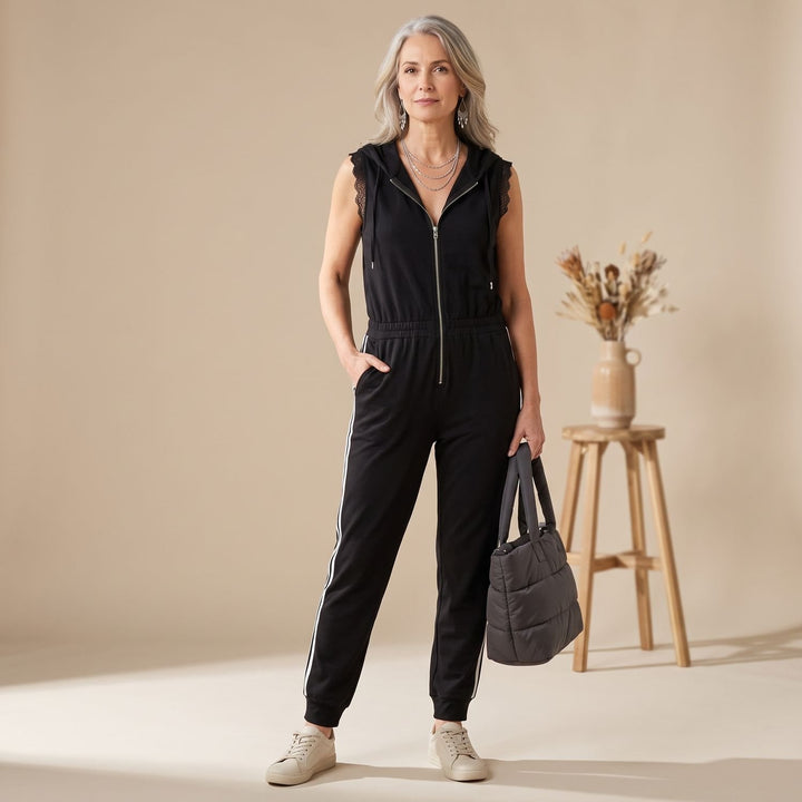 Women's Sleeveless Hooded Zip-Up Retro Stripe Jumpsuit