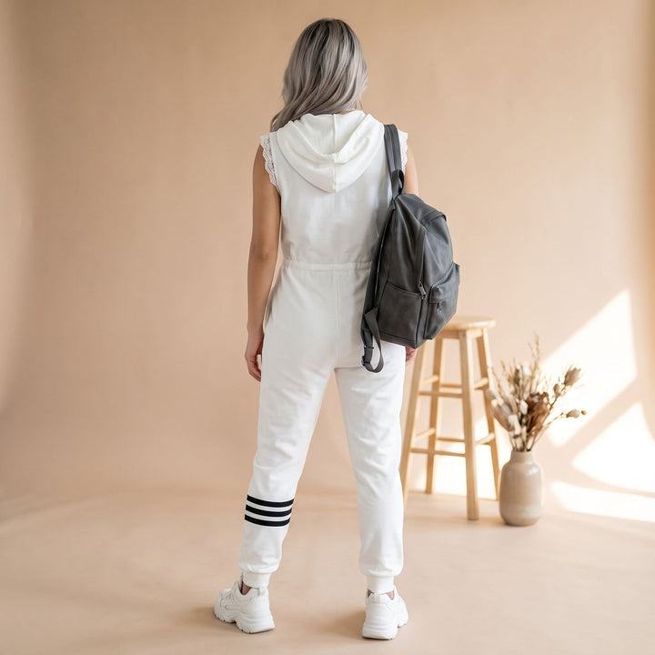 Women's Sleeveless Hooded Zip-Up Retro Stripe Jumpsuit