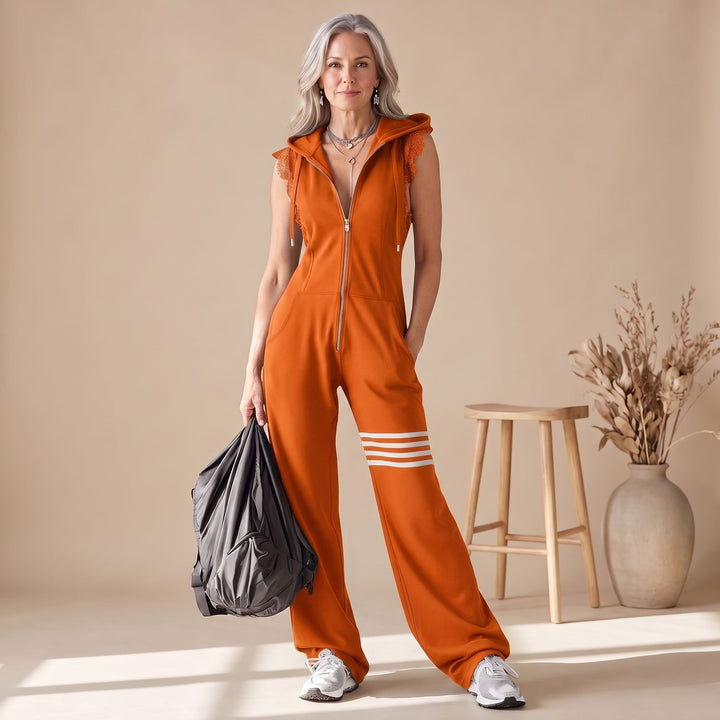 Women's Sleeveless Hooded Zip-Up Retro Stripe Jumpsuit - Orange