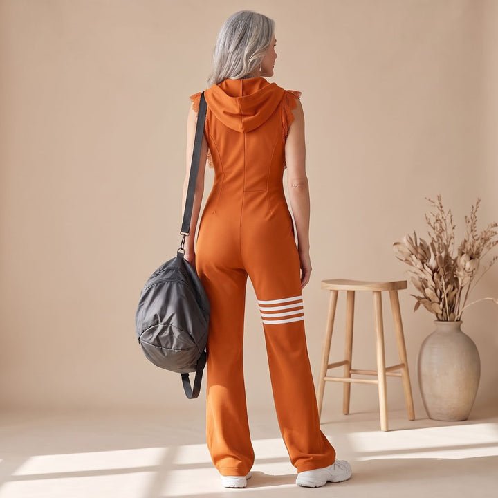 Women's Sleeveless Hooded Zip-Up Retro Stripe Jumpsuit