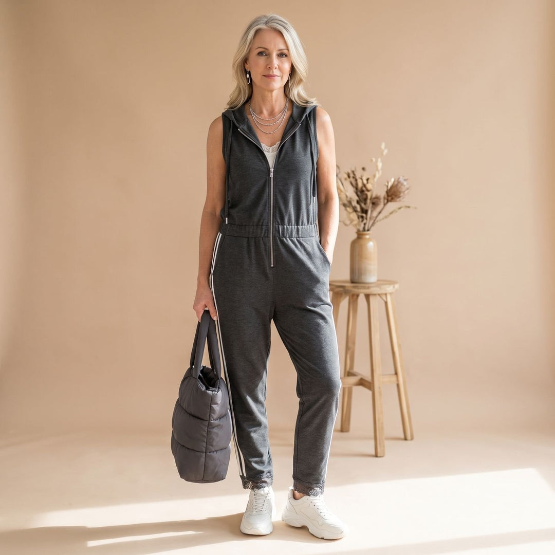 Women's Sleeveless Hooded Zip-Up Retro Stripe Jumpsuit - Gray