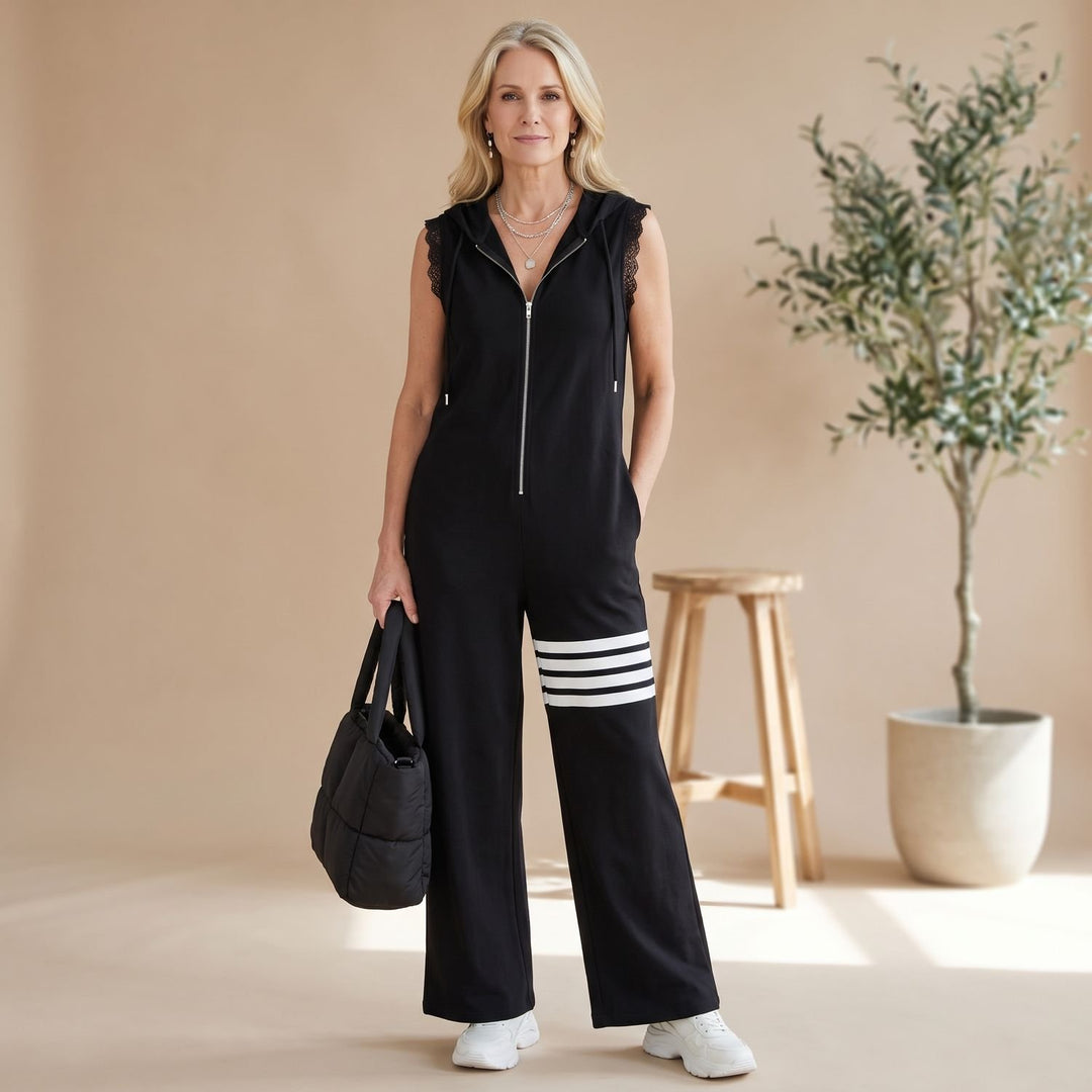 Women's Sleeveless Hooded Zip-Up Retro Stripe Wide-Leg Jumpsuit - Black
