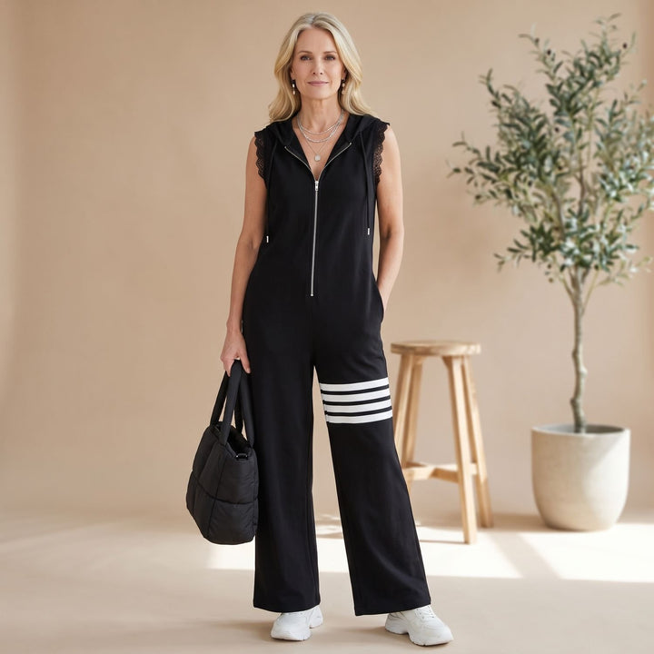 Women's Sleeveless Hooded Zip-Up Retro Stripe Wide-Leg Jumpsuit - Black