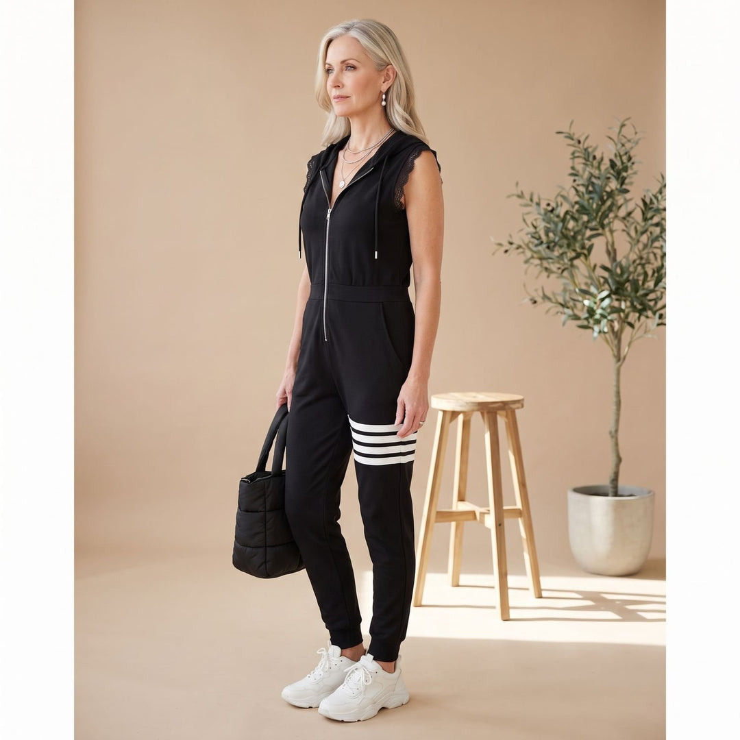 Women's Sleeveless Hooded Zip-Up Retro Stripe Wide-Leg Jumpsuit