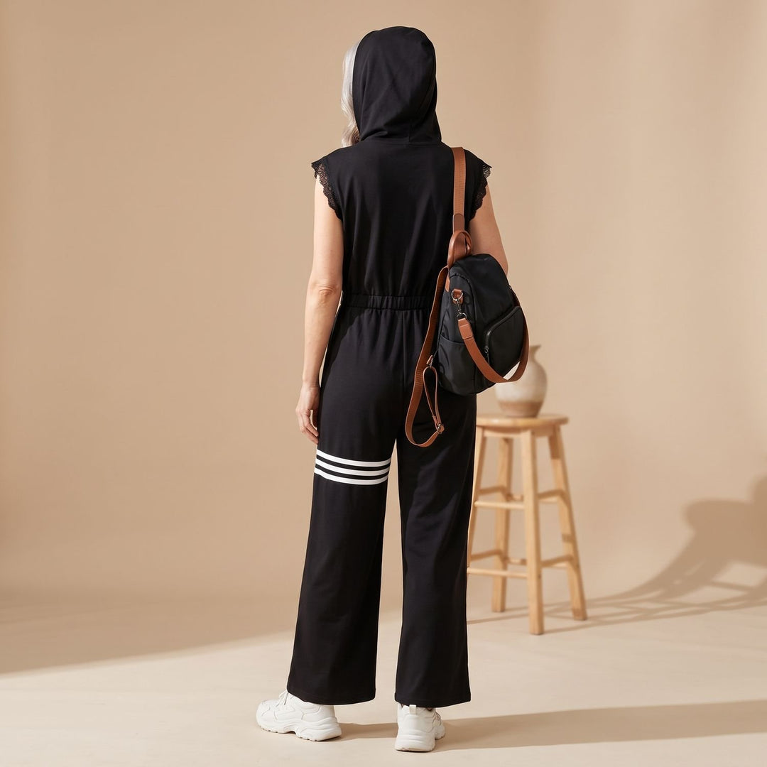 Women's Sleeveless Hooded Zip-Up Retro Stripe Wide-Leg Jumpsuit