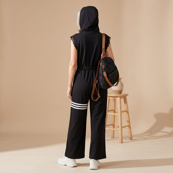 Women's Sleeveless Hooded Zip-Up Retro Stripe Wide-Leg Jumpsuit