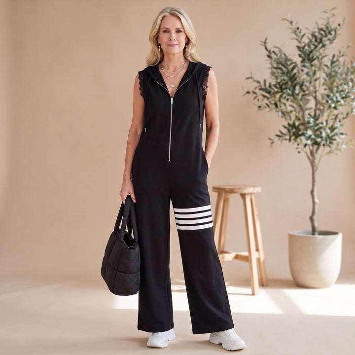 Women's Sleeveless Hooded Zip-Up Retro Stripe Wide-Leg Jumpsuit
