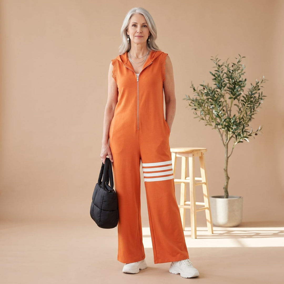 Women's Sleeveless Hooded Zip-Up Retro Stripe Wide-Leg Jumpsuit - Orange