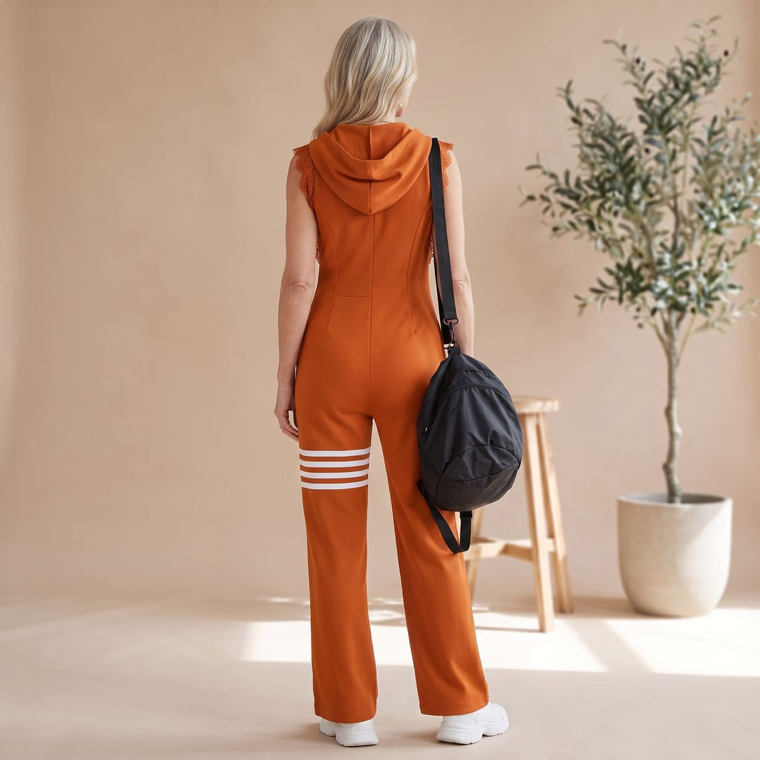 Women's Sleeveless Hooded Zip-Up Retro Stripe Wide-Leg Jumpsuit