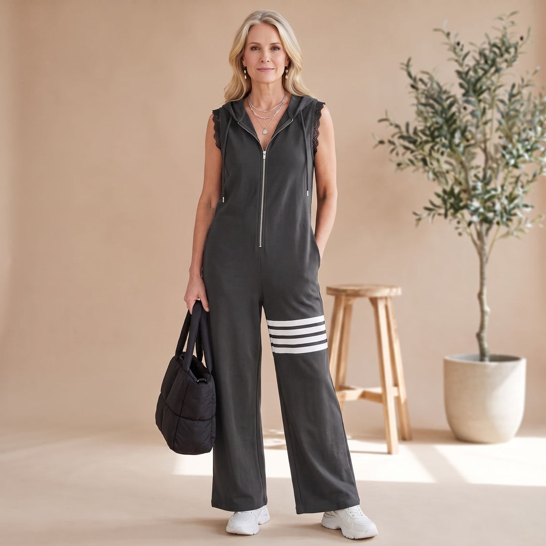 Women's Sleeveless Hooded Zip-Up Retro Stripe Wide-Leg Jumpsuit - Gray