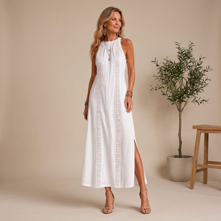 Women's Sleeveless Mandarin Collar Midi Dress Embroidered Side Slit - White