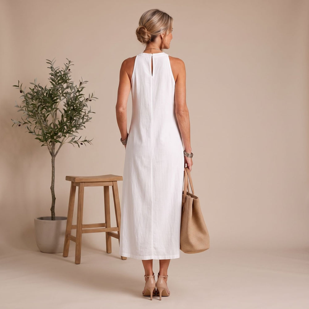 Women's Sleeveless Mandarin Collar Midi Dress Embroidered Side Slit