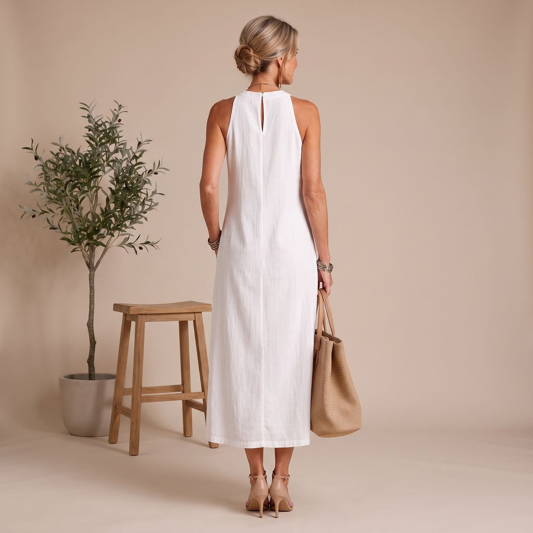 Women's Sleeveless Mandarin Collar Midi Dress Embroidered Side Slit