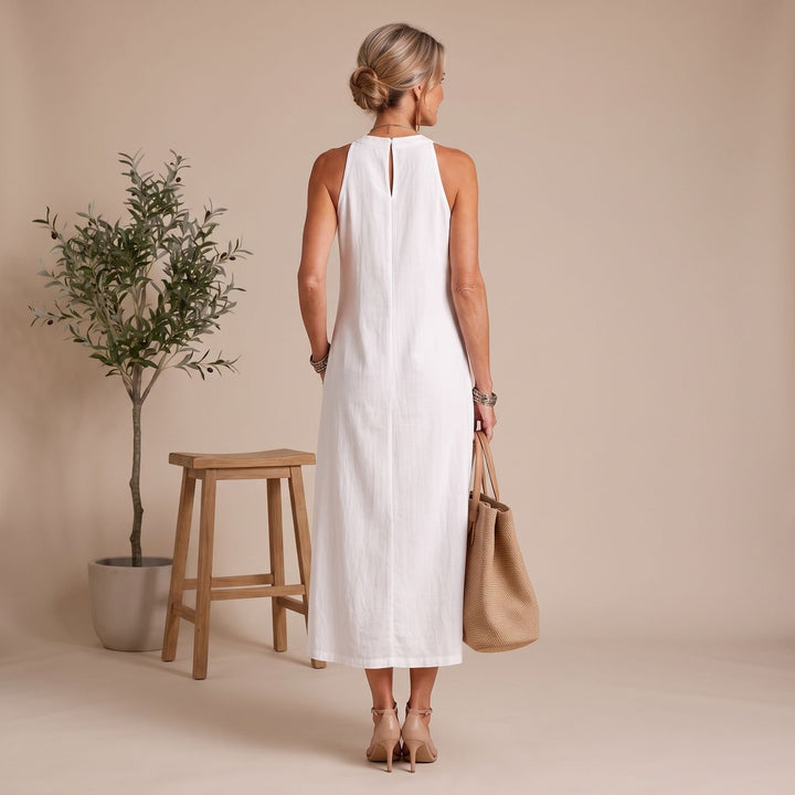 Women's Sleeveless Mandarin Collar Midi Dress Embroidered Side Slit