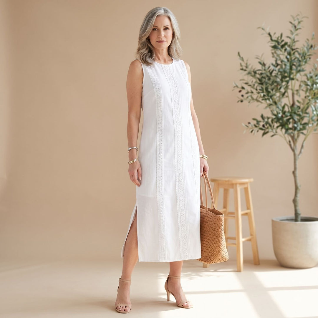 Women's Sleeveless Mandarin Collar Midi Dress Embroidered Side Slit