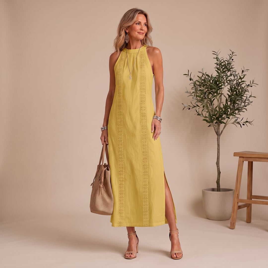 Women's Sleeveless Mandarin Collar Midi Dress Embroidered Side Slit - Yellow