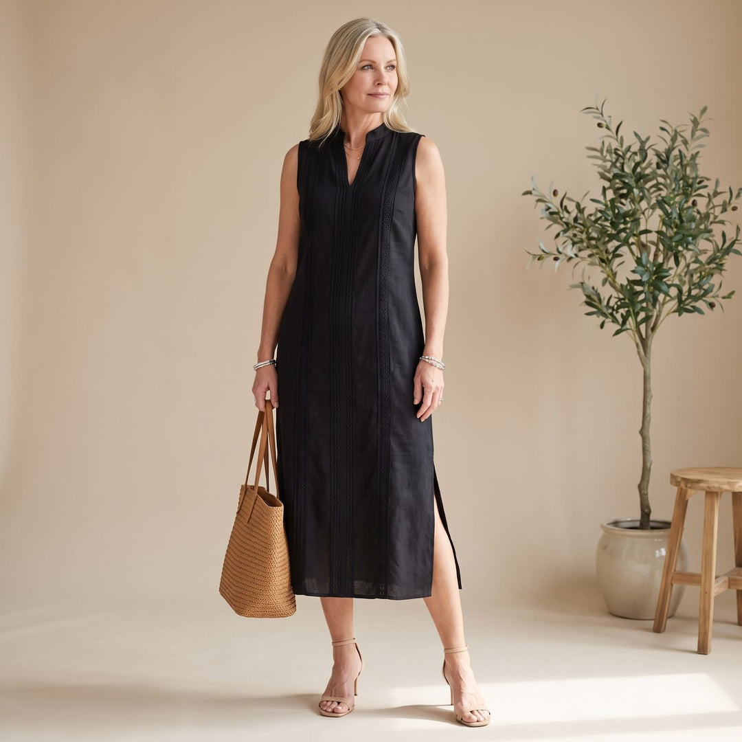 Women's Sleeveless Mandarin Collar Midi Dress Embroidered Side Slit - Black