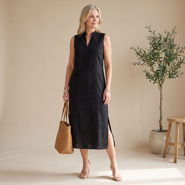 Women's Sleeveless Mandarin Collar Midi Dress Embroidered Side Slit - Black