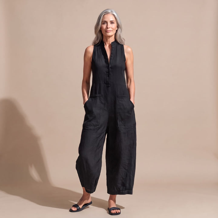 Women's Sleeveless Stand-Collar Button-Placket Jumpsuit Pockets - Black