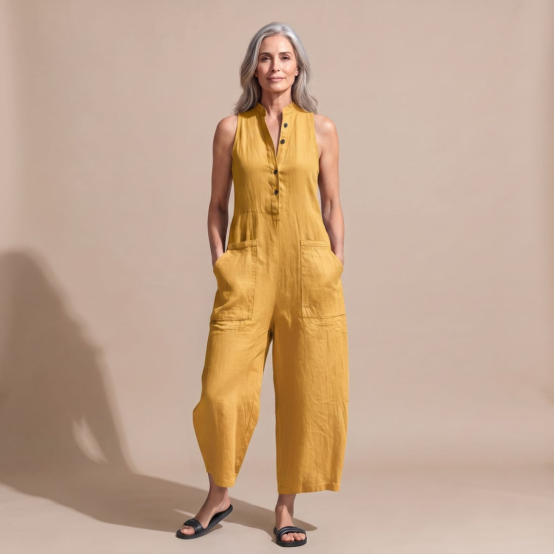 Women's Sleeveless Stand-Collar Button-Placket Jumpsuit Pockets - Yellow