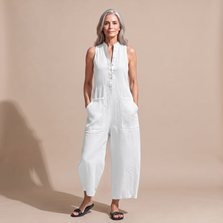 Women's Sleeveless Stand-Collar Button-Placket Jumpsuit Pockets - White