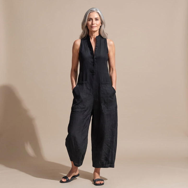 Women's Sleeveless Stand-Collar Button-Placket Jumpsuit Pockets