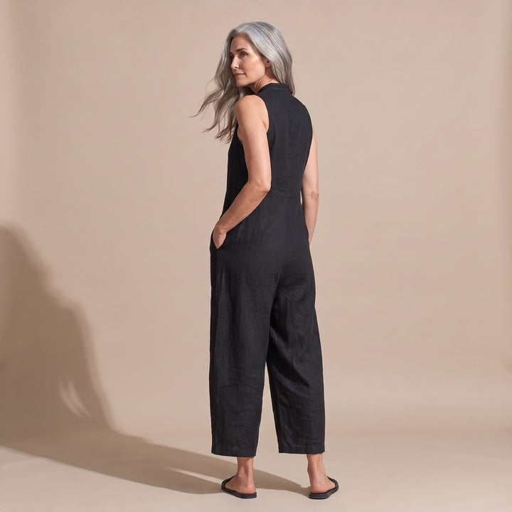 Women's Sleeveless Stand-Collar Button-Placket Jumpsuit Pockets