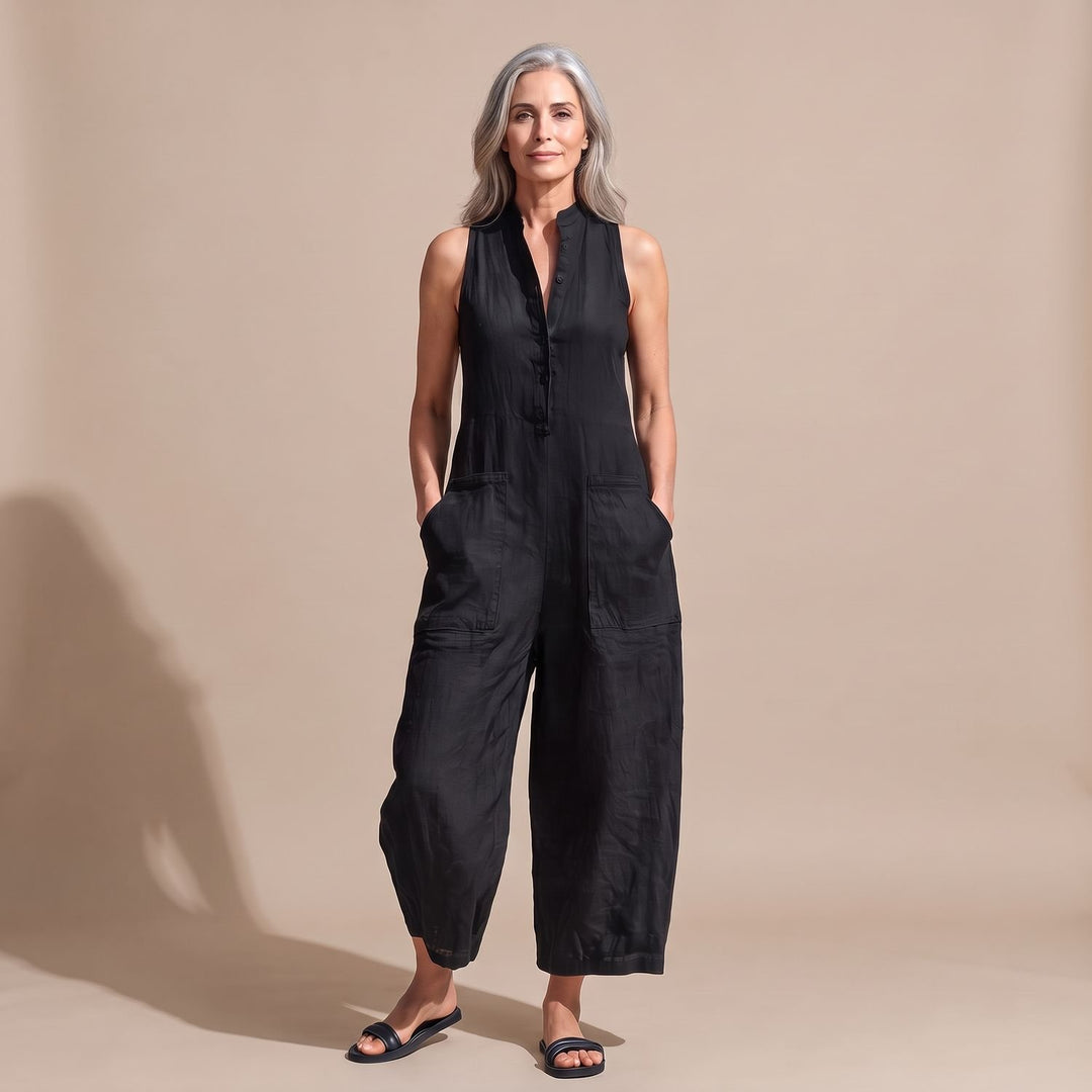 Women's Sleeveless Stand-Collar Button-Placket Jumpsuit Pockets