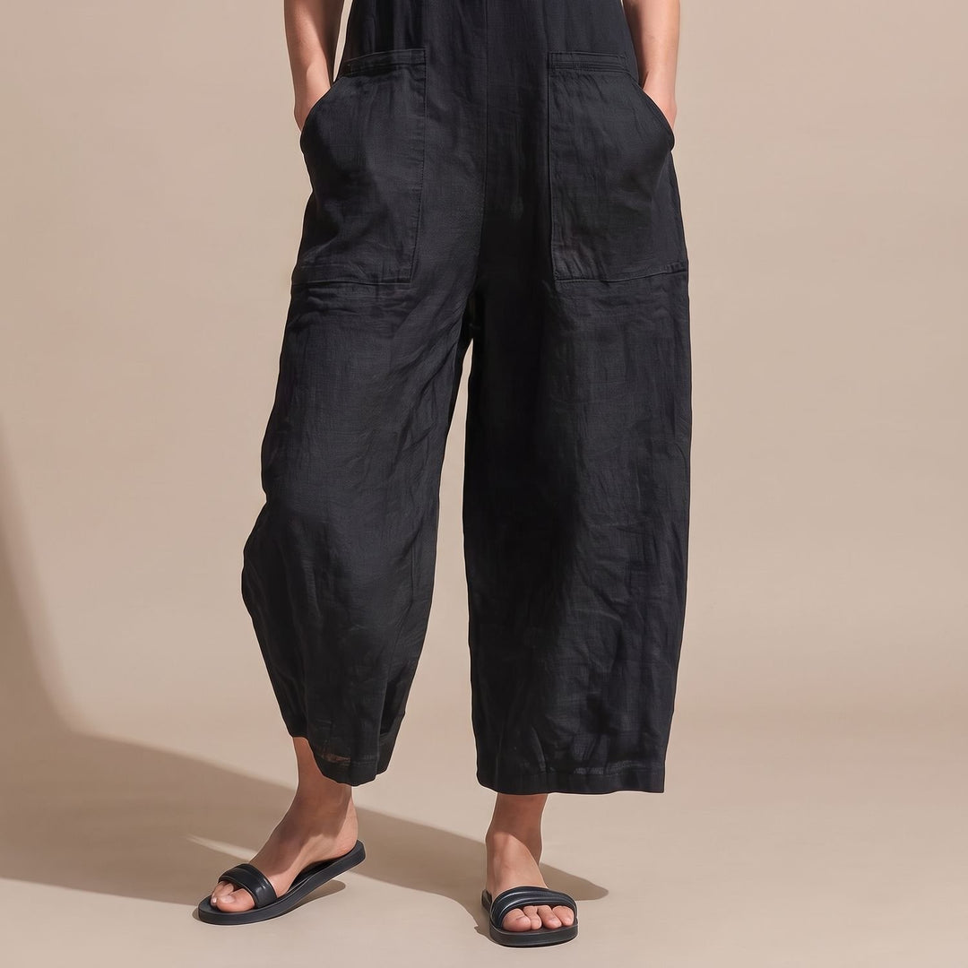 Women's Sleeveless Stand-Collar Button-Placket Jumpsuit Pockets