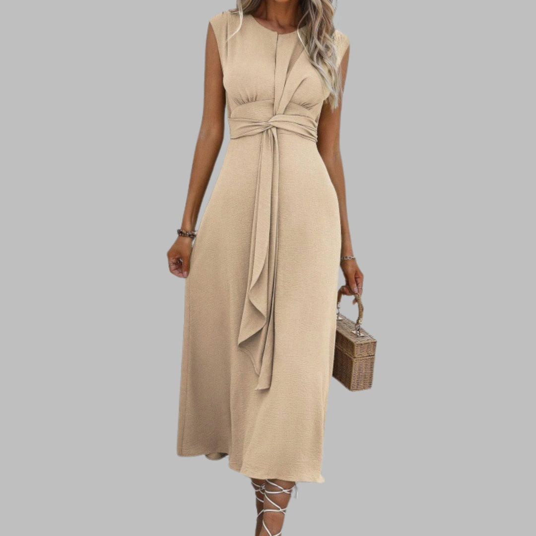 Women's Sleeveless Tie-Waist A-Line Midi Dress - Apricot