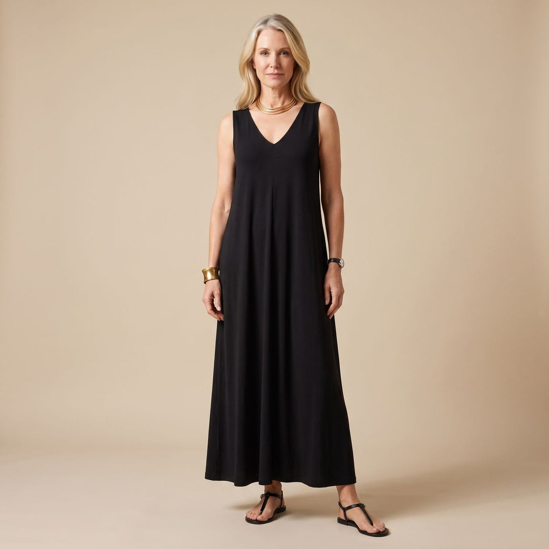 Women's Sleeveless V-Neck Flowy Maxi Dress - Black