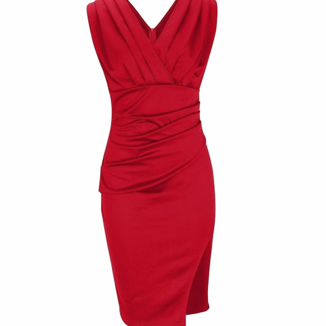 Women's Sleeveless V-Neck Ruched Fitted Mini Dress Side Slit