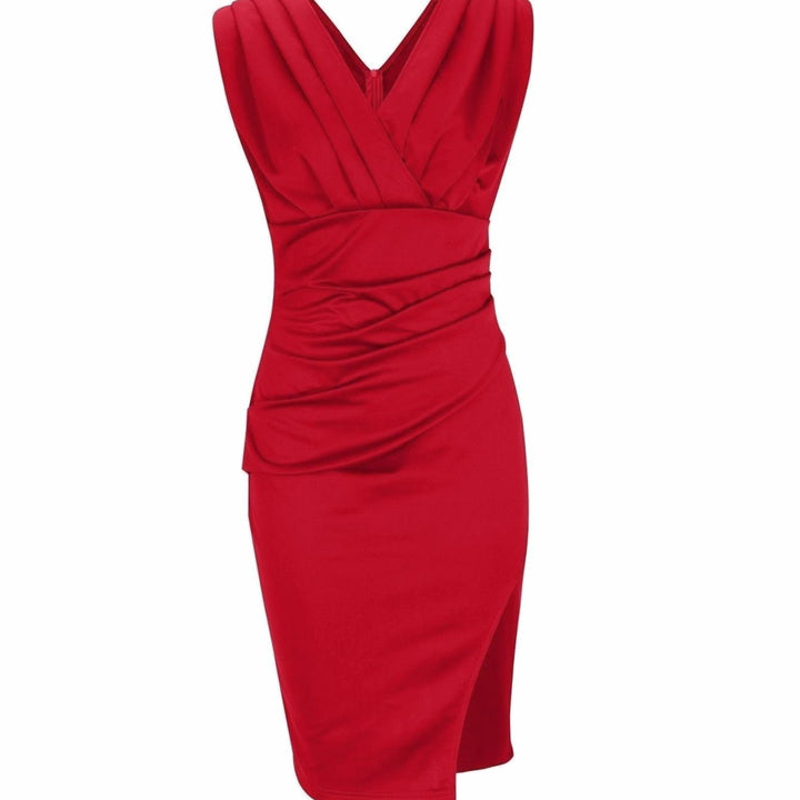 Women's Sleeveless V-Neck Ruched Fitted Mini Dress Side Slit
