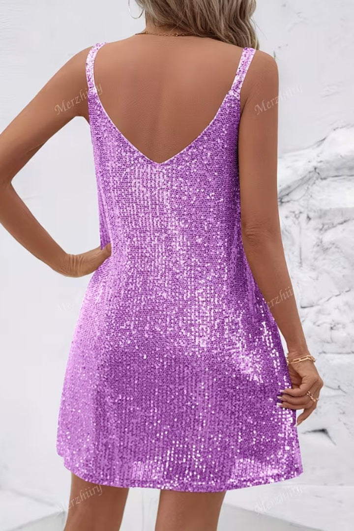 Women's Sleeveless V-Neck Sequin Mini Evening Gown Dress