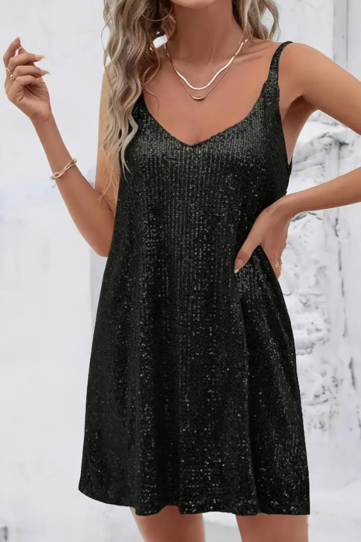 Women's Sleeveless V-Neck Sequin Mini Evening Gown Dress - Black