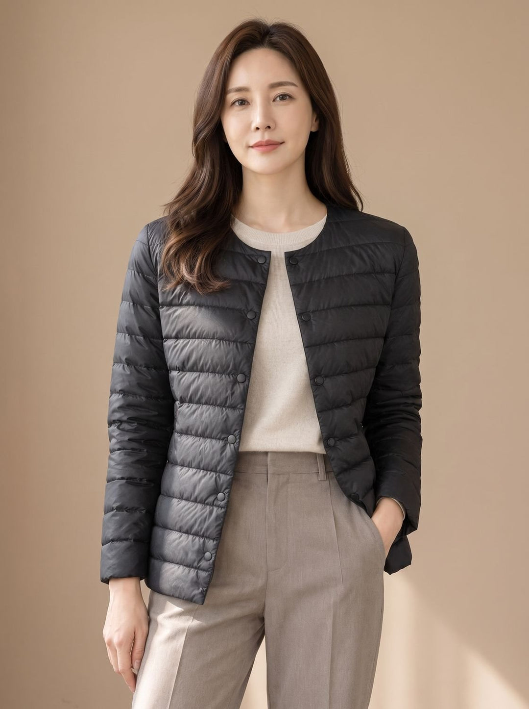 Women's Slim-Fit Collarless Down Puffer Jacket - Black