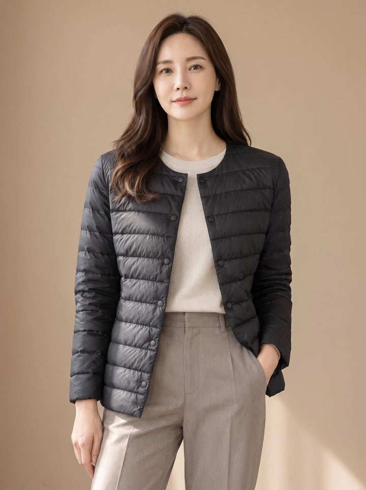Women's Slim-Fit Collarless Down Puffer Jacket - Black