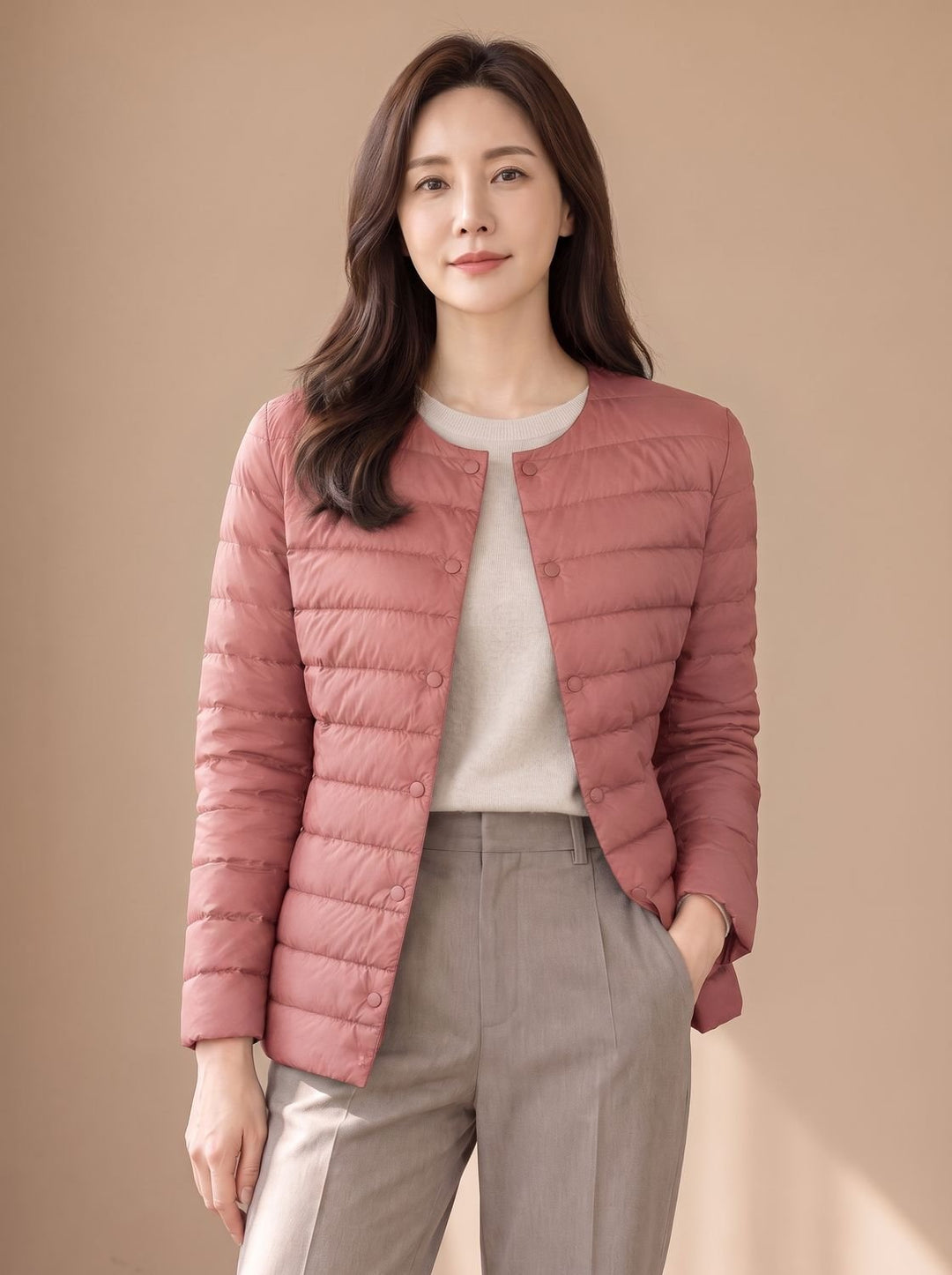 Women's Slim-Fit Collarless Down Puffer Jacket - Pink