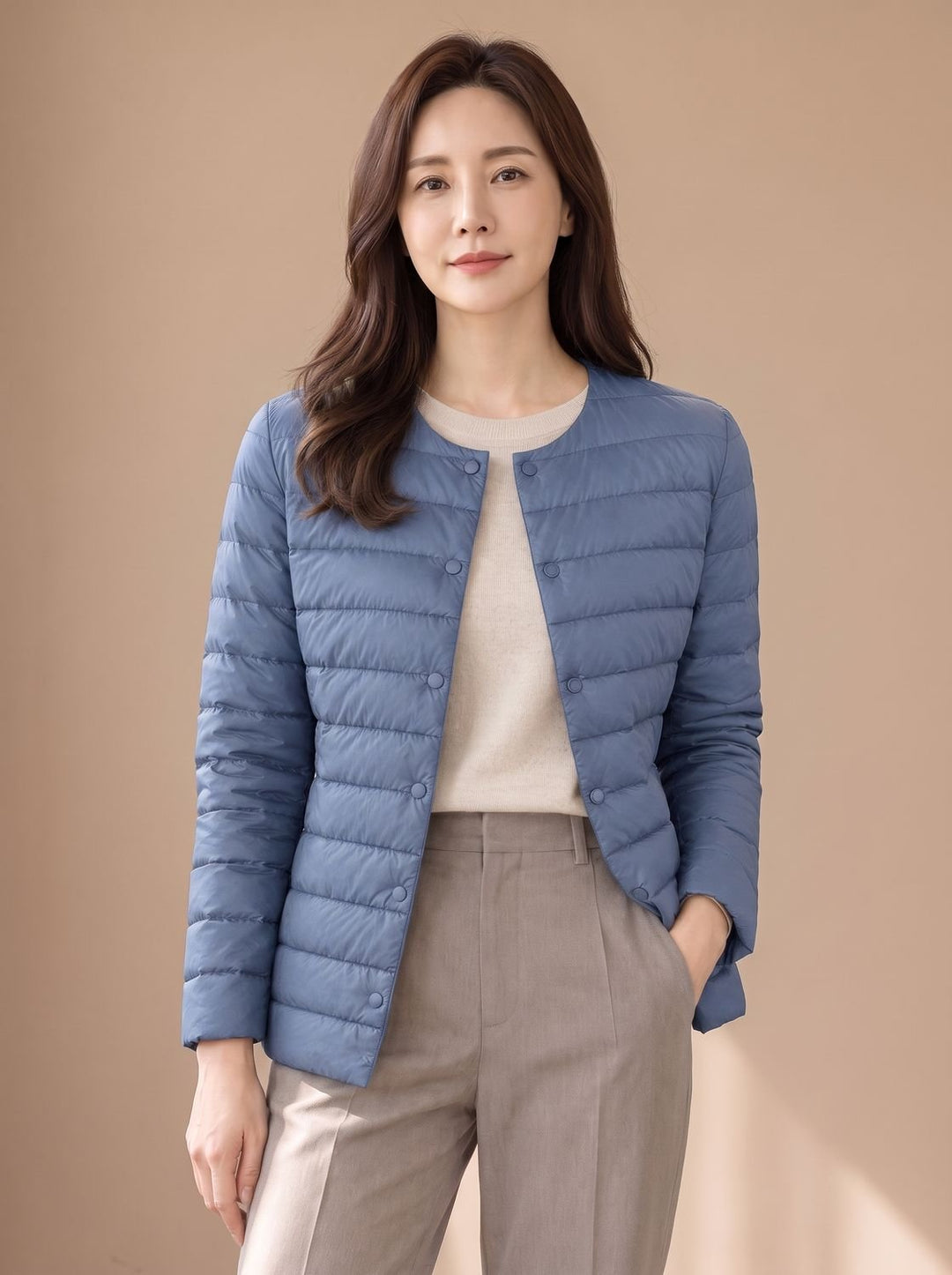 Women's Slim-Fit Collarless Down Puffer Jacket - Haze Blue