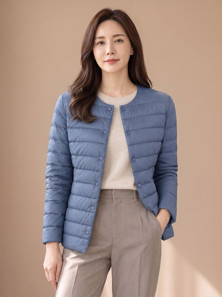 Women's Slim-Fit Collarless Down Puffer Jacket - Haze Blue