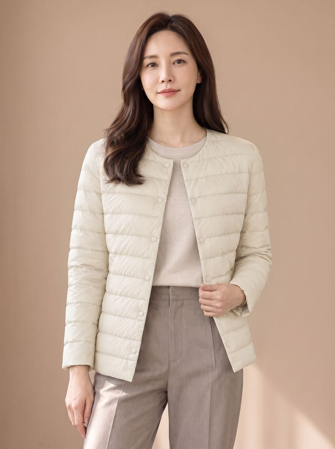 Women's Slim-Fit Collarless Down Puffer Jacket - Off White