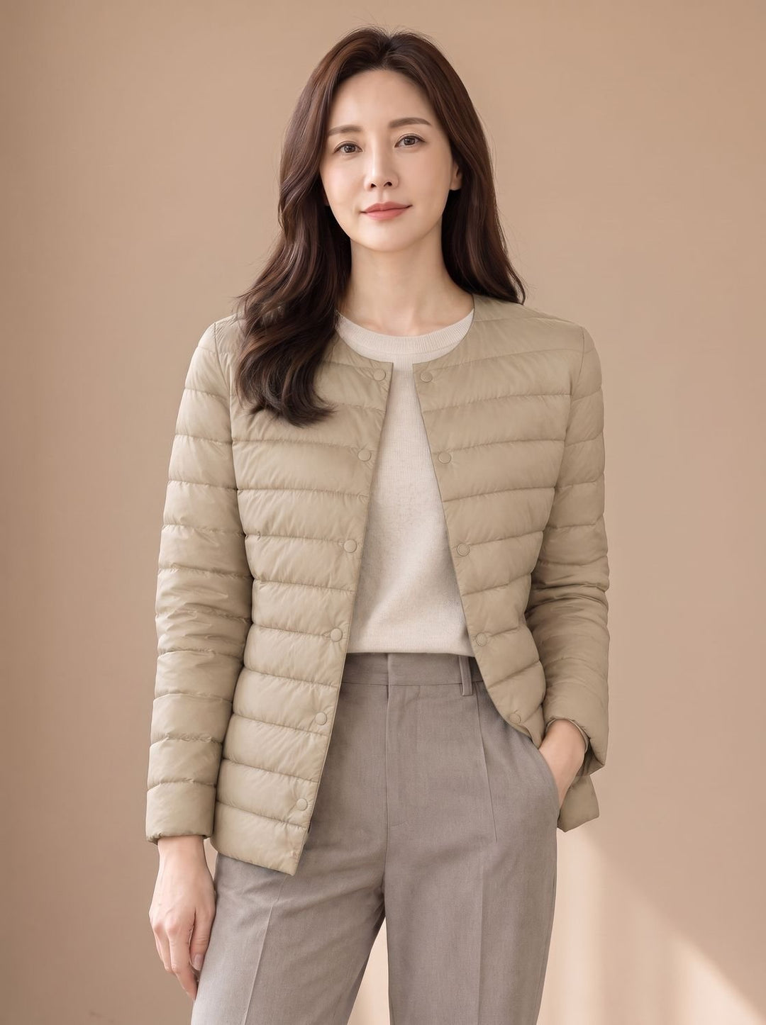 Women's Slim-Fit Collarless Down Puffer Jacket - Camel