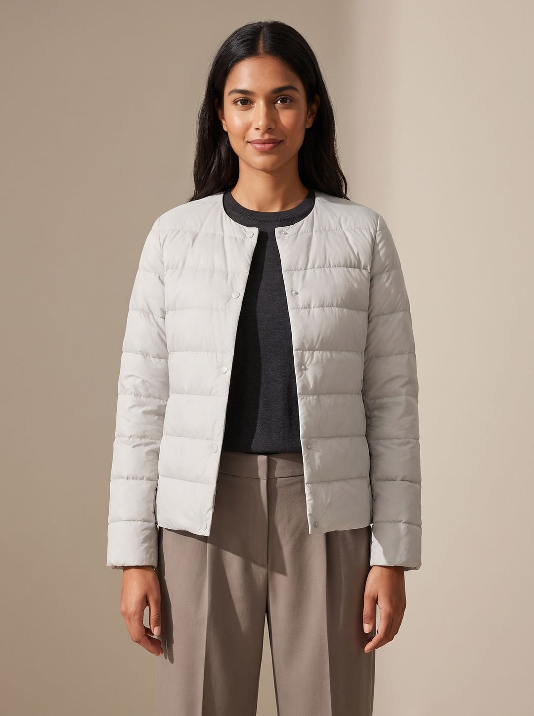 Women's Slim-Fit Collarless Down Puffer Jacket - Light Gray
