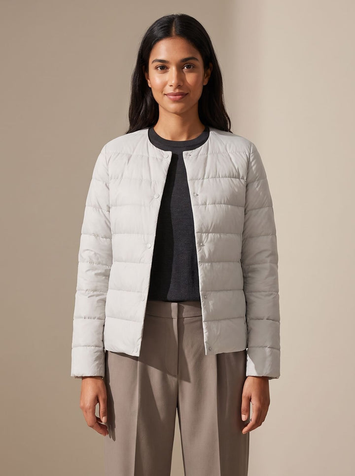 Women's Slim-Fit Collarless Down Puffer Jacket - Light Gray